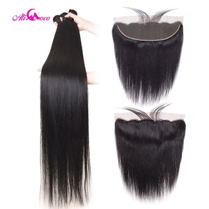 Ali Coco 28 30 32 40 Inch Brazilian Straight Bundles With Lace Frontal Human Hair Bundles With Frontal Remy Hair Extensions