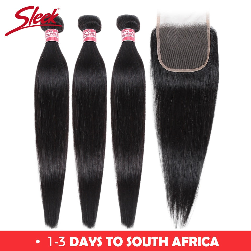 Sleek Brazilian Straight Hair Bundles With Closure Natural Color Hair Weave 8-28 30 Non Remy Human Hair 3 Bundles With Closure