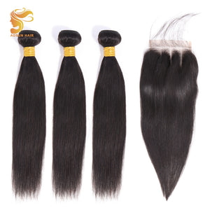 AOSUN HAIR Brazilian Hair Weave Bundles Straight Hair Bundles With Closure 100% Human Hair Extensions Remy Hair Natural Color