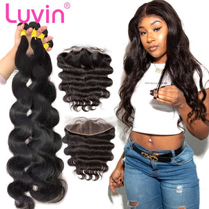 Luvin 28 30 40 Inch Brazilian Hair Weave 3 4 Bundles With 13x4 Lace Frontal Closure Remy Body Wave 100% Human Hair